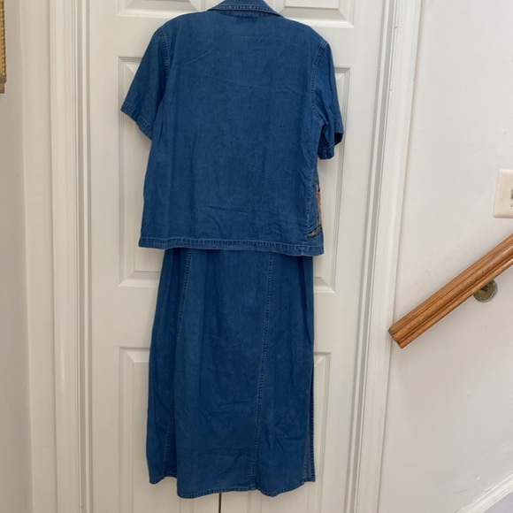 Vintage Embroidered Floral Blue Jean Cotton Denim Maxi Dress XLarge 90s - Picture 6 of 17